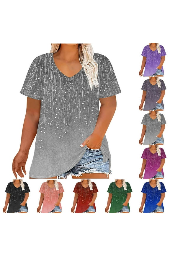 Womens Plus Size Tops Short Sleeve V-Neck Loose Fit Blouses for Women Summer Fashion Gradient Print Casual Shirts Blue