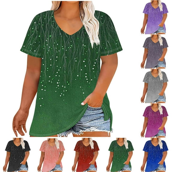 YOTAMI Womens Plus Size Tops Short Sleeve V-Neck Loose Fit Blouses for Women Summer Fashion Gradient Print Casual Shirts Dark Blue