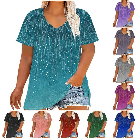 YOTAMI Womens Plus Size Tops Short Sleeve V-Neck Loose Fit Blouses for Women Summer Fashion Gradient Print Casual Shirts Gold