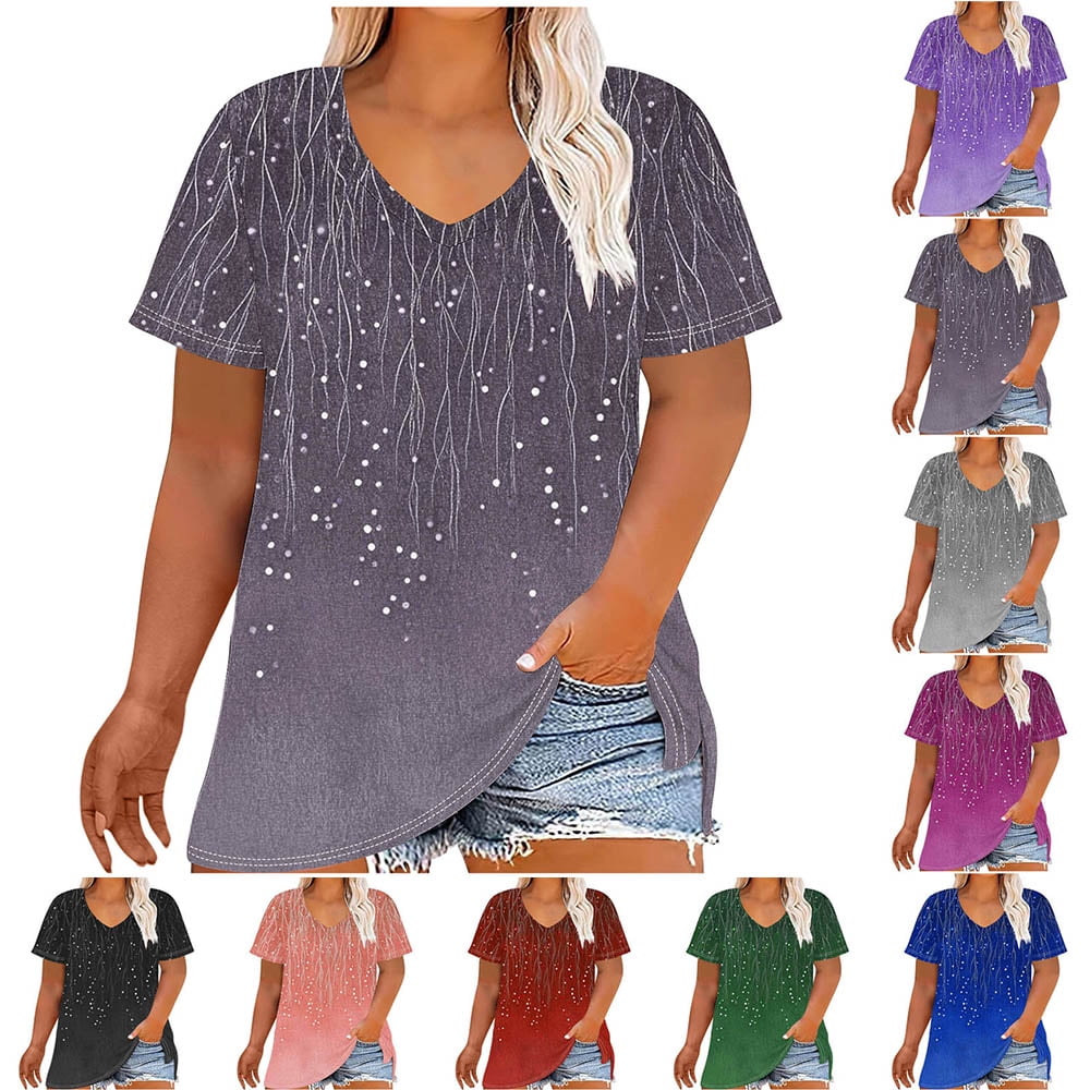 YOTAMI Womens Plus Size Tops Short Sleeve V-Neck Loose Fit Blouses for ...