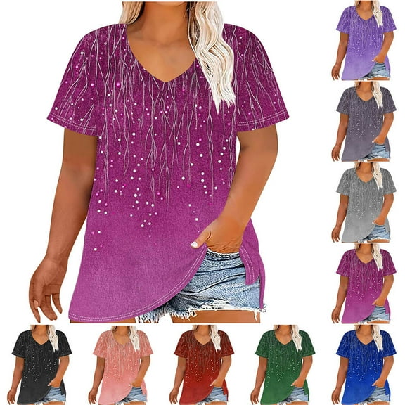 YOTAMI Womens Plus Size Tops Short Sleeve V-Neck Loose Fit Blouses for Women Summer Fashion Gradient Print Casual Shirts Mint Green