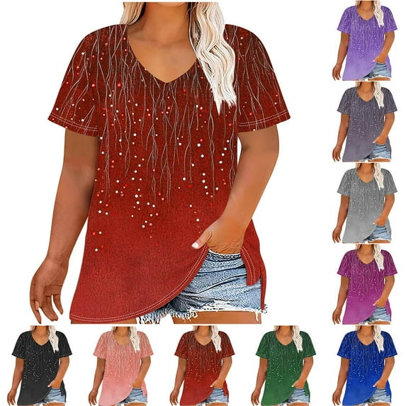 YOTAMI Womens Plus Size Tops Short Sleeve V-Neck Loose Fit Blouses Summer Fashion Gradient Print Casual Shirts Pink