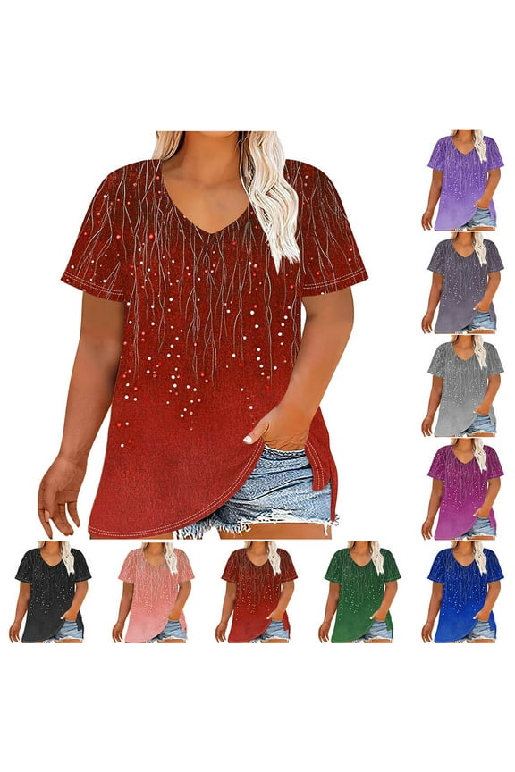 Womens Plus Size Tops Short Sleeve V-Neck Loose Fit Blouses Summer Fashion Gradient Print Casual Shirts Pink