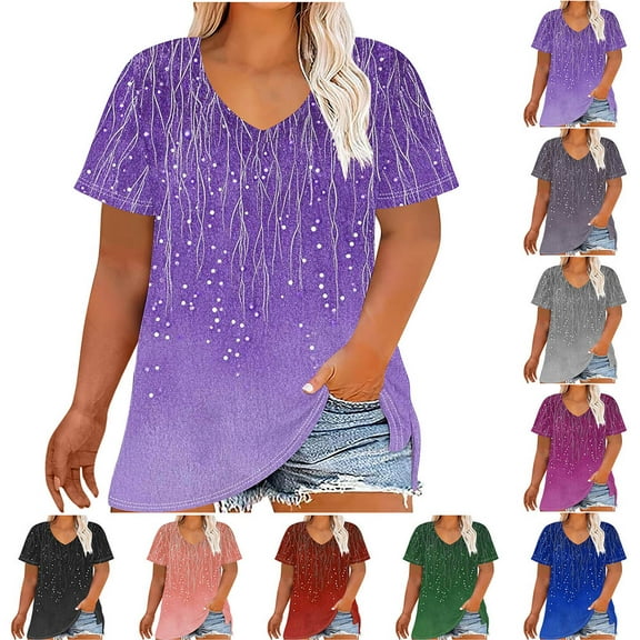 YOTAMI Womens Plus Size Tops Short Sleeve V-Neck Loose Fit Blouses for Women Summer Fashion Gradient Print Casual Shirts Sky Blue