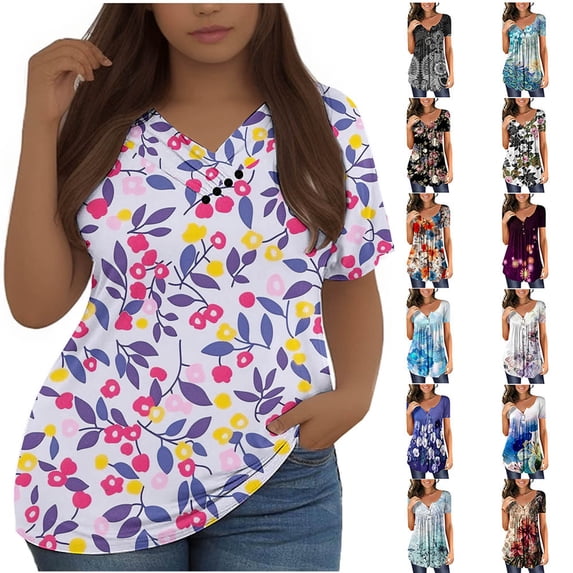 YOTAMI Womens Plus Size Tops Summer Short Sleeve Casual Shirts Fashion Floral Print V-Neck T-Shirt Flowy Loose Soft Blouses Hot Pink, Size XXL