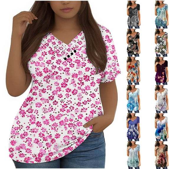 YOTAMI Womens Plus Size Tops Summer Short Sleeve Casual Shirts Fashion Floral Print V-Neck T-Shirt Flowy Loose Soft Blouses Pink, Size XXXL
