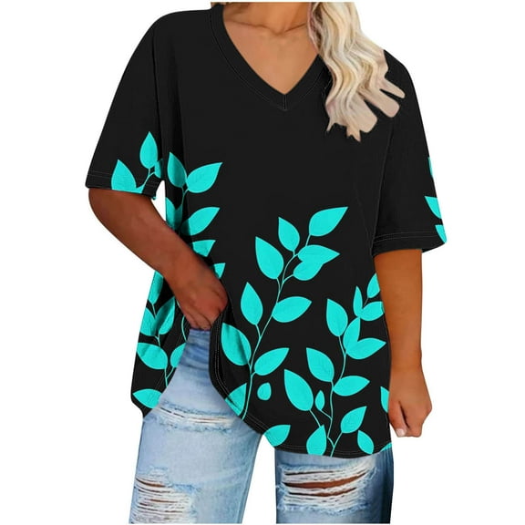 YOTAMI Women's Plus Size Tops Short Sleeve Floral Graphic T-Shirts V-Neck Summer Tops Trendy Casual Blouses S-XXXL