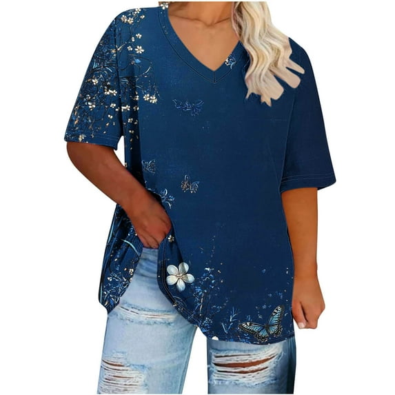 YOTAMI Women's Plus Size Tops Short Sleeve Floral Graphic T-Shirts V-Neck Summer Tops Trendy Casual Blouses S-XXXL
