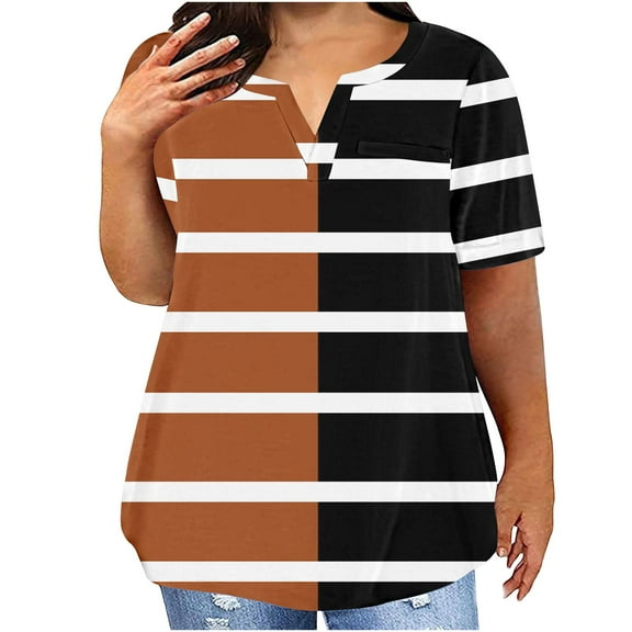 YOTAMI Womens Summer Plus Size Tops Short Sleeve Striped Print V-Neck T-Shirts Loose Casual Blouses Coffee