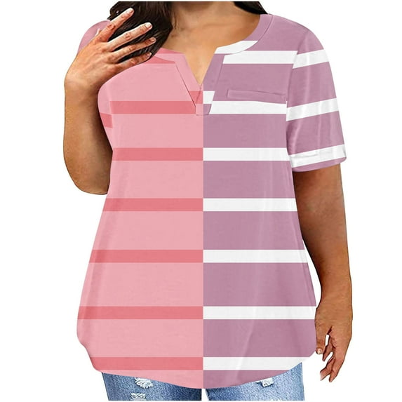 YOTAMI Womens Summer Plus Size Tops Short Sleeve Striped Print V-Neck T-Shirts Loose Casual Blouses Pink