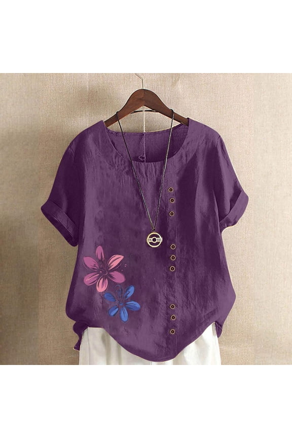 Womens Summer Plus Size Tops Cotton Linen Graphic Tees for Beach Vacation Crew Neck Short Sleeve Floral Print Oversized Shirts Purple
