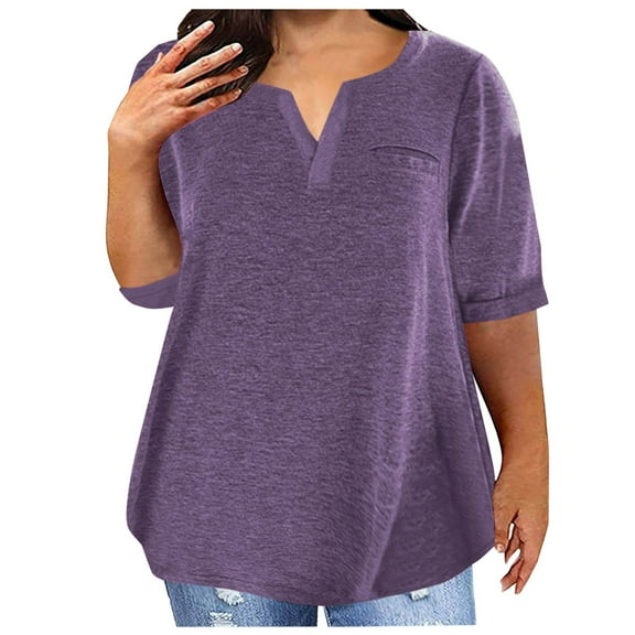 YOTAMI Womens V-Neck Tops Plus Size Short Sleeve Summer Blouses Solid Color Sports Casual T-Shirts Purple