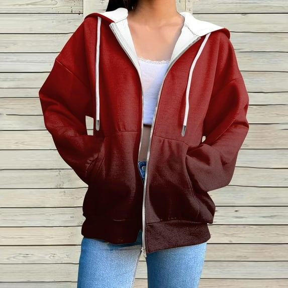 YOTAMI Womens Zip Up Hoodies Plus Size Long Sleeve Lightweight Sweatshirts Fall Fashion Gradient Print Drawstring Comfy Soft Jackets with Pockets Wine S