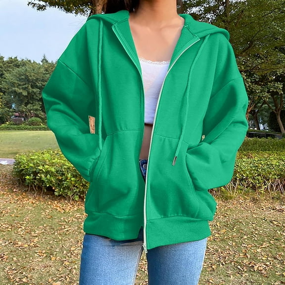YOTAMI Zip Up Hoodie Women Long Sleeve Soft Jackets with Pocket Drawstring Solid Color Fall Winter Warm Casual Oversized Sweatshirts Green XXXL