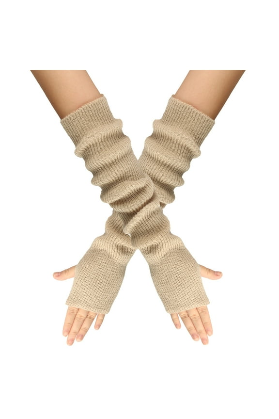 Arm Sleeves, Fingerless Gloves Solid Color Knitted with Thumb Hole Unisex Warm Gloves Arm Warmers, Beige