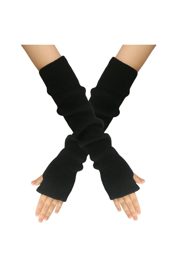 Arm Sleeves, Fingerless Gloves Solid Color Knitted with Thumb Hole Unisex Warm Gloves Arm Warmers, Black