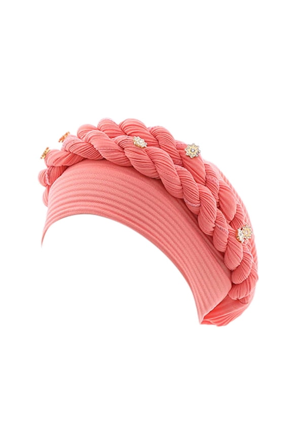 Beanie, Fashion Women Beading Braid Hat Muslim Ruffle Cancer Wrap Cap Sleep Caps Satin Lined Hair Bonnets, Watermelon Red