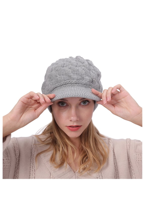 Beanie, Keep Warm Winter Casual Beret Knitted Hat Wool Hemming Hat Thicken Ski Hat, Baseball Caps for Women, Light Grey