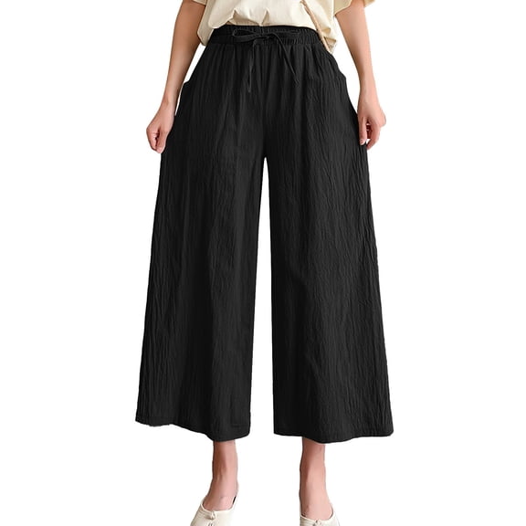 YOTMKGDO Bell Bottoms Women Solid Casual Pocket Elastic Waist Belt Loose Pants Cropped Pants Wide Leg Pants Slacks for Women Black L