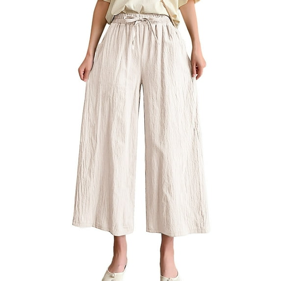 YOTMKGDO Bell Bottoms Women Solid Casual Pocket Elastic Waist Belt Loose Pants Cropped Pants Wide Leg Pants Slacks for Women Khaki M
