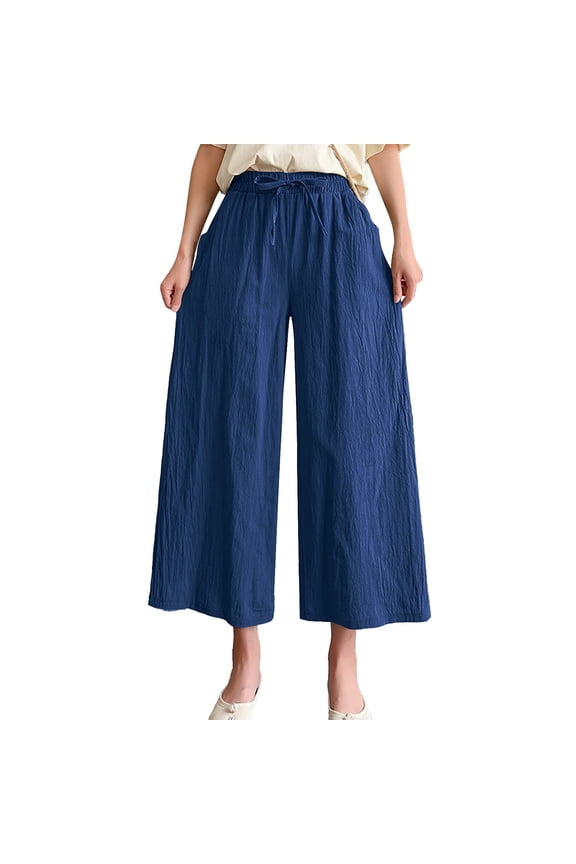 Bell Bottoms Women Solid Casual Pocket Elastic Waist Belt Loose Pants Cropped Pants Wide Leg Pants Slacks for Women Navy XL