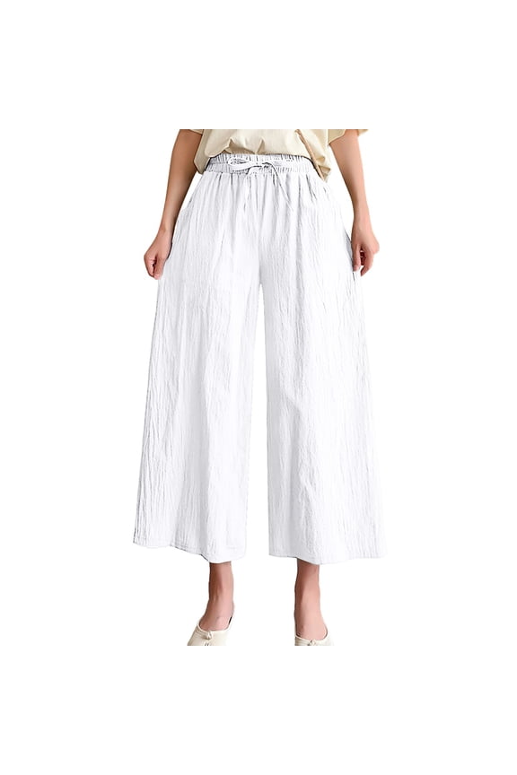 Bell Bottoms Women Solid Casual Pocket Elastic Waist Belt Loose Pants Cropped Pants Wide Leg Pants Slacks for Women White M