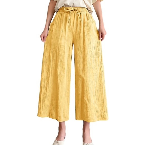 YOTMKGDO Bell Bottoms Women Solid Casual Pocket Elastic Waist Belt Loose Pants Cropped Wide Leg Pants Slacks for Women Yellow M