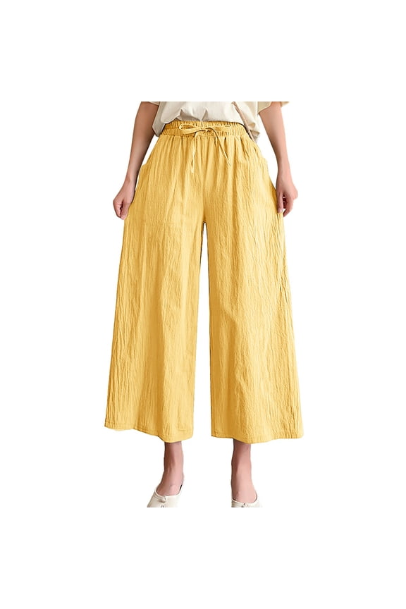 Bell Bottoms Women Solid Casual Pocket Elastic Waist Belt Loose Pants Cropped Wide Leg Pants Slacks for Women Yellow M