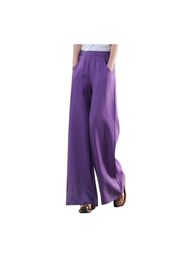 Bell Bottoms Womens Straight Leg Pull on Pants Cotton Linen Trousers Pants Slacks Casual Comfy Loose Pants Wide Leg Pants Womens Trousers Purple L