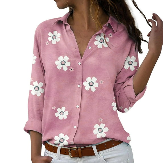 YOTMKGDO Blouses & Tops Long Sleeve, Notch Neck Women Lapel Neck Soft Top Shirt Animal Print Elegant Loose Top Shirt Printed, Casual for Women Pink S-XXL