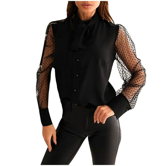 YOTMKGDO Blouses & Tops Long Sleeve, Notch Neck Women's Top Blouse Solid Shirt Mesh Splice Strap Tunic Stand-up Collar Elegant Blouse Tops Solid Casual for Women Black