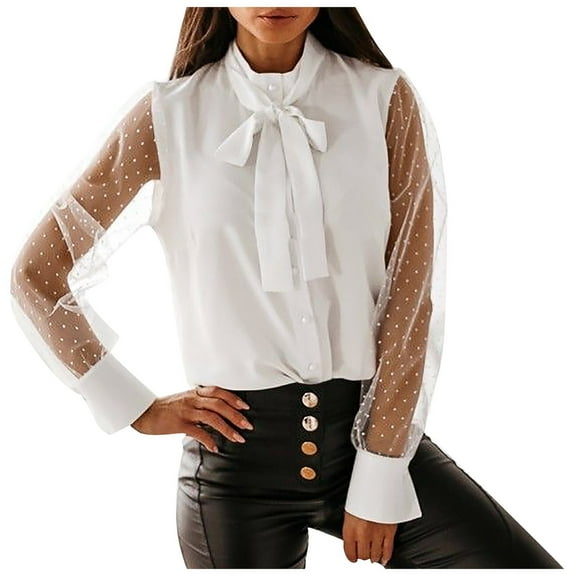 YOTMKGDO Blouses & Tops Long Sleeve, Notch Neck Women's Top Blouse Solid Shirt Mesh Splice Strap Tunic Stand-up Collar Elegant Blouse Tops Solid Casual for Women White