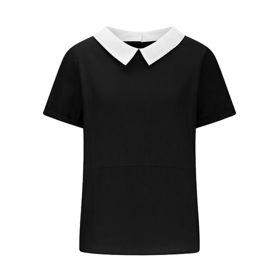 YOTMKGDO Blouses & Tops for Women, Contrast Collar Women's Summer Thin Breathable Cotton Linen Patchwork Loose Oversized Slimming Lapel Short Sleeve (White, L)