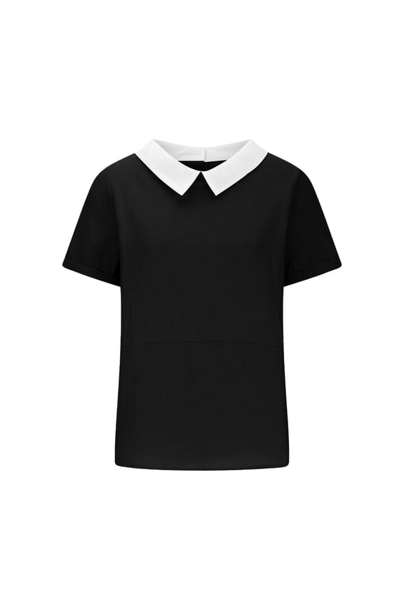 Blouses & Tops for Women, Contrast Collar Women's Summer Thin Breathable Cotton Linen Patchwork Loose Oversized Slimming Lapel Short Sleeve (White, M)