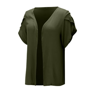 YOTMKGDO Blouses & Tops for Women, Crew Neck 2024 Lightweight Cardigans for Women Summer Casual Half Sleeve Kimono Cardigan Loose Open Front Short Sleeve (Army Green, L)