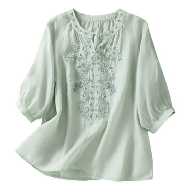 YOTMKGDO Blouses & Tops for Women, V-Neck Women's Embroidered Shirt Summer V Neck Slim and Simple Solid Color Top 3/4 Sleeve (Green, 3XL)