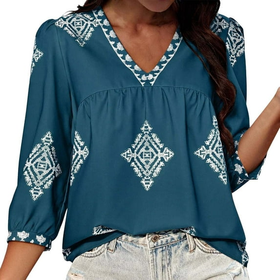 YOTMKGDO Blouses & Tops for Women, V-Neck Women's Summer V Neck 3/4 Casual Blouse with Random Print 3/4 Sleeve (Navy, XL)