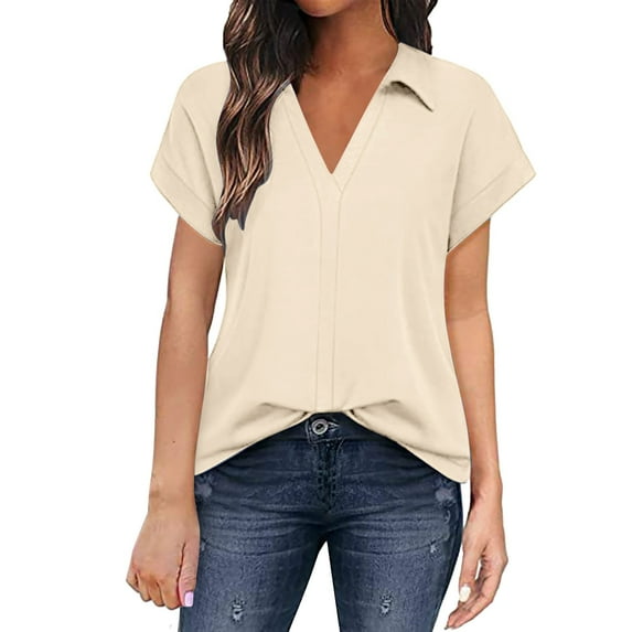 YOTMKGDO Blouses for Women Dressy Casual, Business Casual Outfits for Women, Women'S Solid Color Business Casual, Interview Outfits for Women, Short Sleeve Shirts for Women, Khaki, L