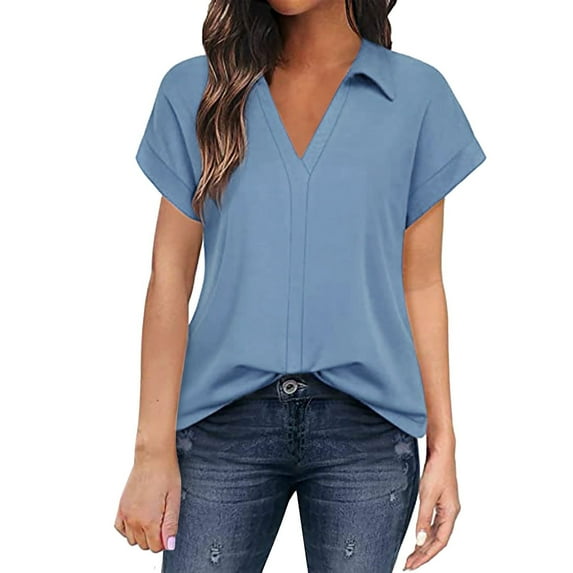 YOTMKGDO Blouses for Women Dressy Casual, Business Casual Outfits for Women, Women'S Solid Color, Interview Outfits for Women, Short Sleeve Shirts for Women, Blue Shirts for Women, XL