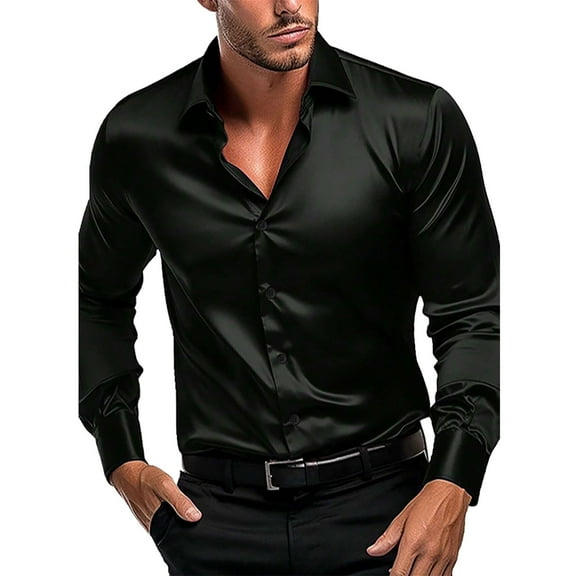 YOTMKGDO Button-Up Shirts Long Sleeve, Notch Neck Shirts for Men Simulation Silk Satin Glossy Shirt with Elastic s Solid Workwear for Men Black S-3XL