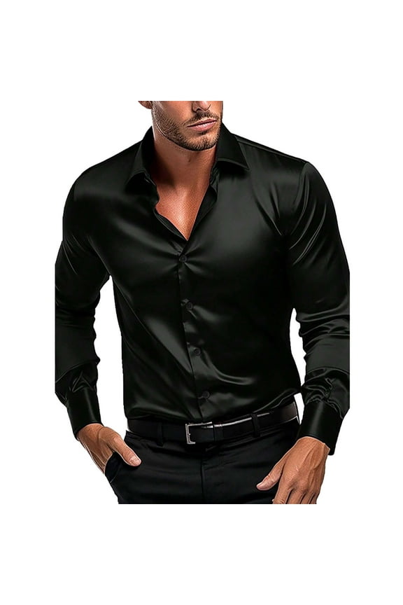 Button-Up Shirts Long Sleeve, Notch Neck Shirts for Men Simulation Silk Satin Glossy Shirt with Elastic s Solid Workwear for Men Black S-3XL