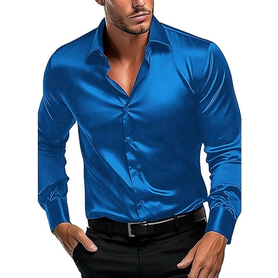YOTMKGDO Button-Up Shirts Long Sleeve, Notch Neck Shirts for Men Simulation Silk Satin Glossy Shirt with Elastic s Solid Workwear for Men Blue S-3XL