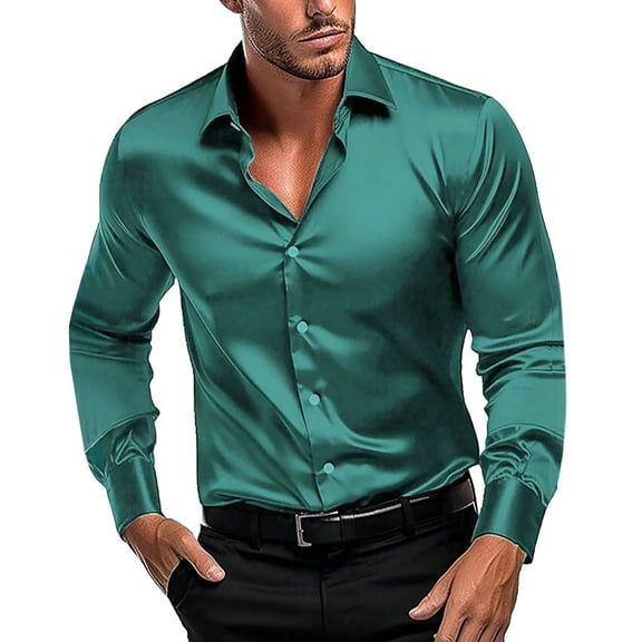YOTMKGDO Button-Up Shirts Long Sleeve, Notch Neck Shirts for Men Simulation Silk Satin Glossy Shirt with Elastic s Solid Workwear for Men Green S-3XL