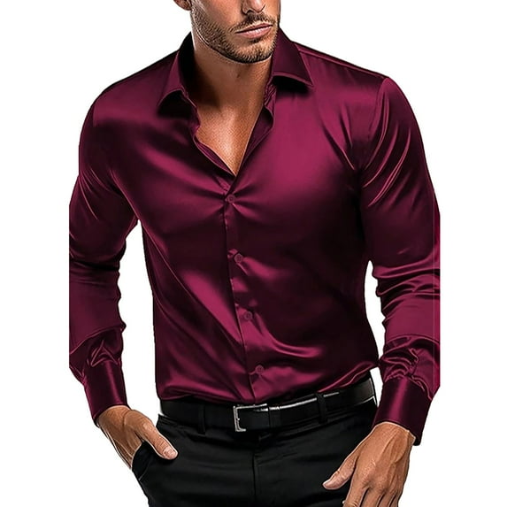 YOTMKGDO Button-Up Shirts Long Sleeve, Notch Neck Shirts for Men Simulation Silk Satin Glossy Shirt with Elastic s Solid Workwear for Men Red S-3XL