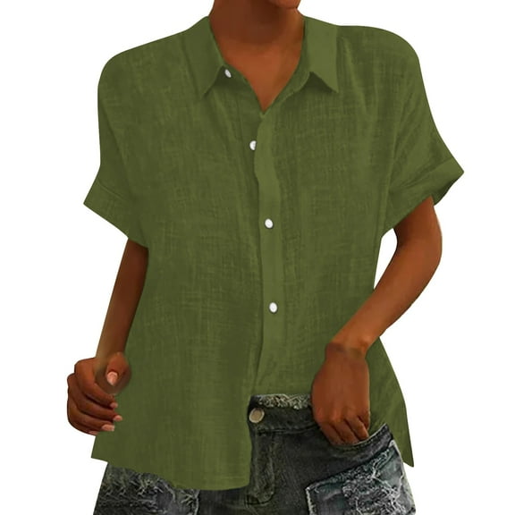 YOTMKGDO Button-Up Shirts Short Sleeve, Notch Neck Shirts for Women Loose Cotton Linen Lapel Blouses for Women Cardigan Solid Linen Shirts Workwear for Women Fern Green S-XXL