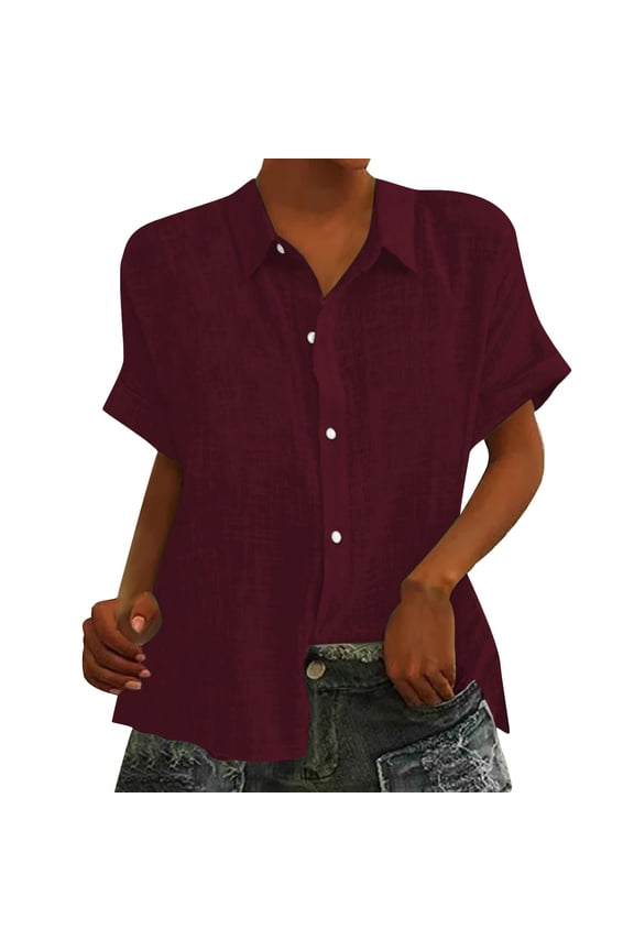 Button-Up Shirts Short Sleeve, Notch Neck Shirts for Women Loose Cotton Linen Lapel Blouses for Women Cardigan Solid Linen Shirts Workwear for Women Red S-XXL