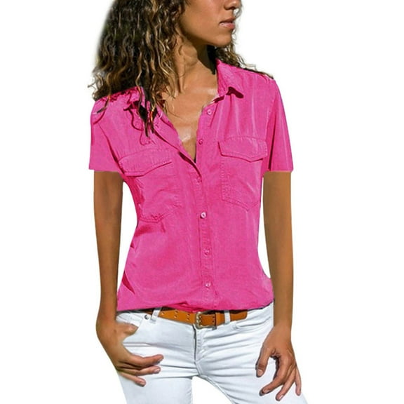 YOTMKGDO Button-Up Shirts Short Sleeve, Notch Neck Shirts for Women Solid Turn Down Collar Pockets Buttons Shirt Tops Solid Workwear for Women Hot Pink S-5XL