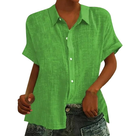 YOTMKGDO Button-Up Shirts Short Sleeve, Notch Neck Shirts for Women Loose Cotton Linen Lapel Blouses for Women Cardigan Solid Linen Shirts Workwear for Women Green S-XXL