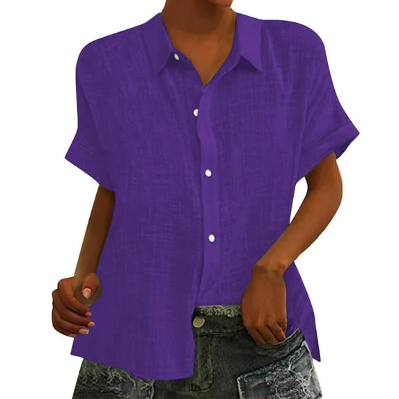 YOTMKGDO Button-Up Shirts Short Sleeve, Notch Neck Shirts for Women Loose Cotton Linen Lapel Blouses for Women Cardigan Solid Linen Shirts Workwear for Women Purple S-XXL