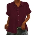 thumbnail image 1 of YOTMKGDO Button-Up Shirts Short Sleeve, Notch Neck Shirts for Women Loose Cotton Linen Lapel Blouses for Women Cardigan Solid Linen Shirts Workwear for Women Red S-XXL, 1 of 1
